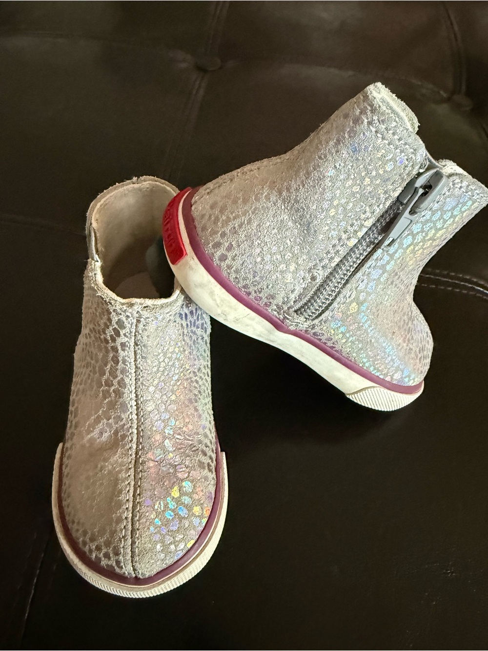 See Kai Run Girls Iridescent Silver Zip Boots with Pink Trim